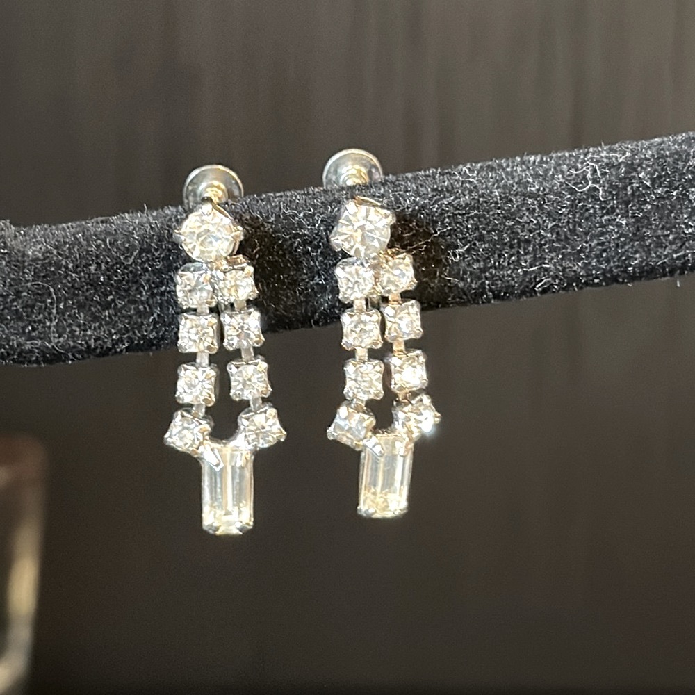 VTG Vintage Screw Post Rhinestone Double Strand Drop Earrings